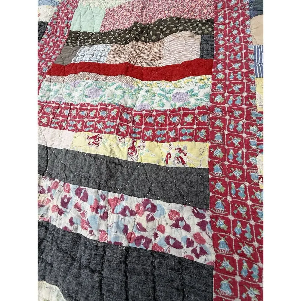 Antique Vtg 1920’s CRAZY QUILT Multi-Color Feed Sack Cowboys 78” **Needs Repair